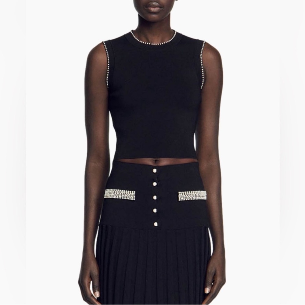NWT Sandro Gild Faux Pearl Embellished Sleeveless Knit Tank Top Black  Sz/ 0 - Picture 5 of 12